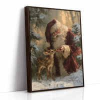 Saint Nick Keeps a Fawn Close, a painterly vintage Santa Claus in a red hat with a fawn tucked against his coat, set among pine boughs in snow, painted in deep green, rust and gold, as a framed canvas in a brown frame