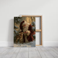 Saint Nick Keeps a Fawn Close, a painterly vintage Santa Claus in a red hat with a fawn tucked against his coat, set among pine boughs in snow, painted in deep green, rust and gold, on a gallery canvas with wrapped edges leaning against a white wall