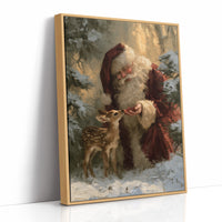 Saint Nick Keeps a Fawn Close, a painterly vintage Santa Claus in a red hat with a fawn tucked against his coat, set among pine boughs in snow, painted in deep green, rust and gold, as a framed canvas in a natural wood frame