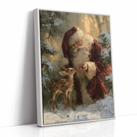 Saint Nick Keeps a Fawn Close, a painterly vintage Santa Claus in a red hat with a fawn tucked against his coat, set among pine boughs in snow, painted in deep green, rust and gold, as a framed canvas in a white frame