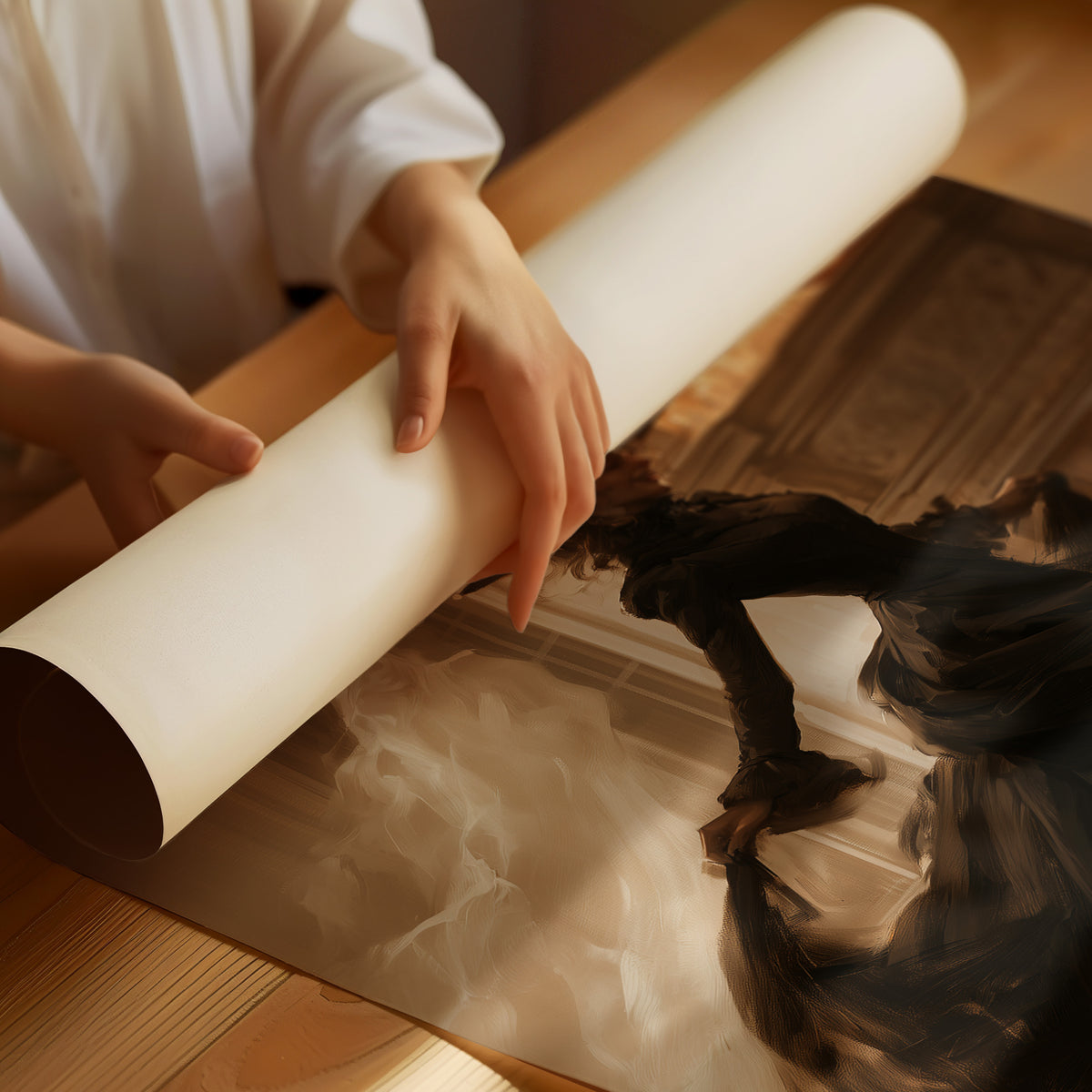 She Dances Past the Hearth Glow, a witch in a long black gown silhouetted before a glowing carved pumpkin in a stone hearth window, painted in umber, amber and shadow black, as a matte poster, unframed