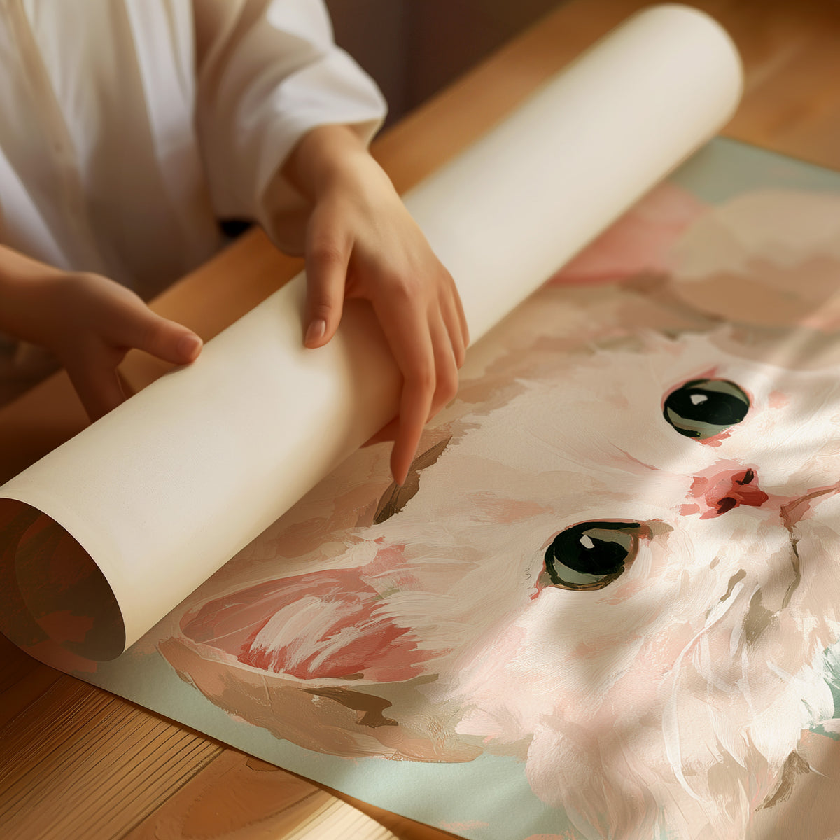 She Dressed Up for the Season, a white kitten in a pink Santa style hat and a mint bow, painted in blush, mint and cream on a soft pastel ground, as a matte poster, unframed