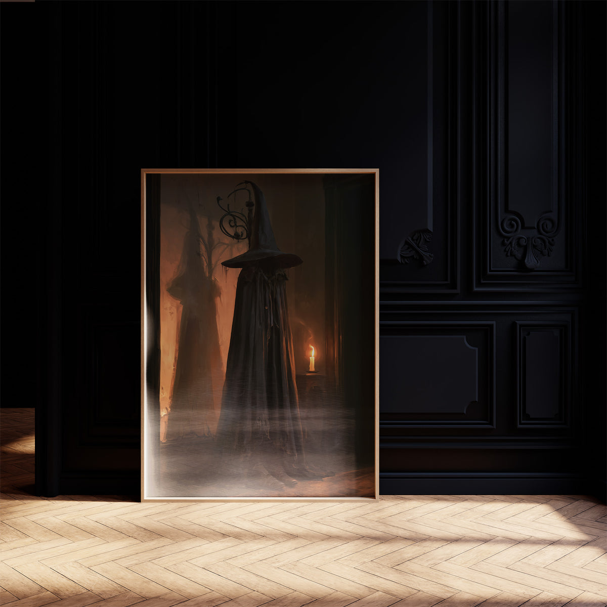She Keeps a Candle for Herself, tall cloaked figure with a candle glow in a dark room painting, on a black paneled wall with sunlit herringbone floor