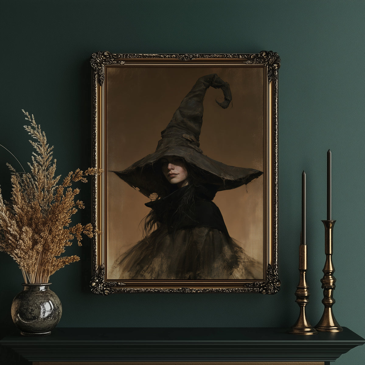 She Keeps Her Own Counsel, a dark witch in a tall pointed hat and a cloak, in a sepia portrait with a gilt frame, in an ornate gold frame on a deep green wall beside tall brass candlesticks