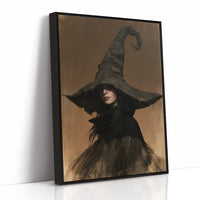 She Keeps Her Own Counsel, a dark witch in a tall pointed hat and a cloak, in a sepia portrait with a gilt frame, as a framed canvas in a black frame