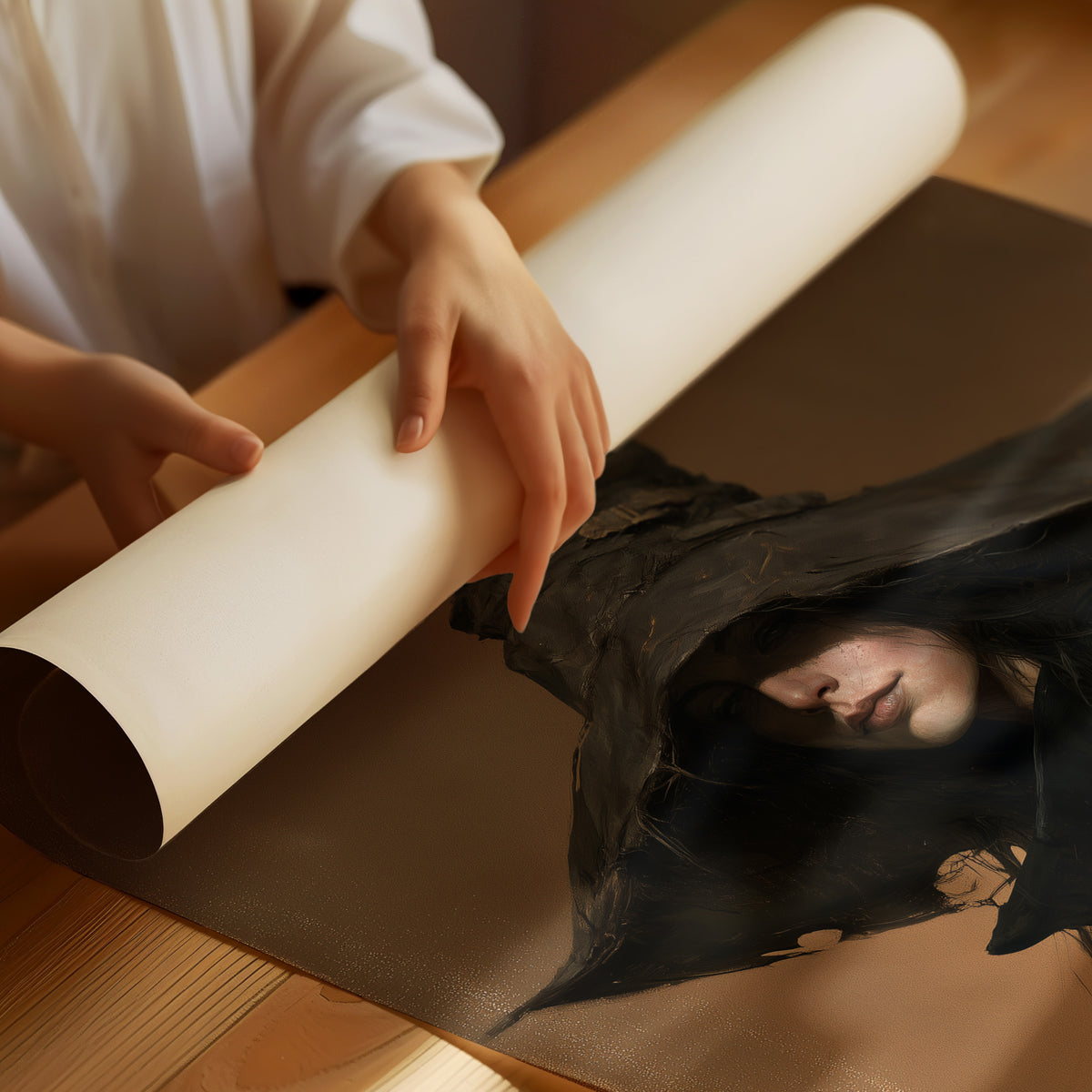 She Keeps Her Own Counsel, a dark witch in a tall pointed hat and a cloak, in a sepia portrait with a gilt frame, as a matte poster, unframed
