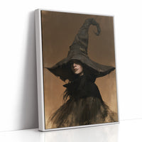 She Keeps Her Own Counsel, a dark witch in a tall pointed hat and a cloak, in a sepia portrait with a gilt frame, as a framed canvas in a white frame