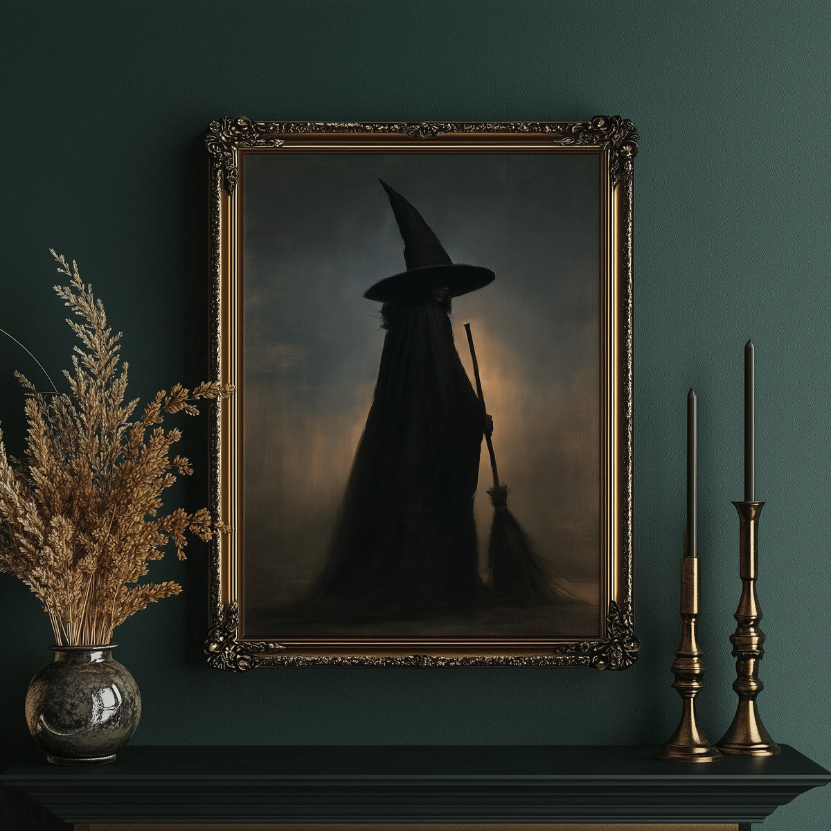 She Rides Out at Midnight, a witch in a tall pointed hat and long cloak, a broomstick at her side, a silhouette against a dusky amber and blue haze, in an ornate gold frame on a deep green wall beside brass candlesticks