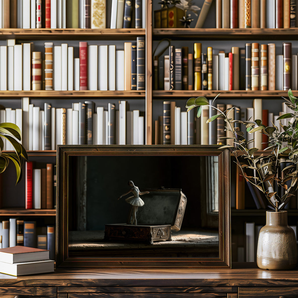 She Waits Before the First Note, a porcelain ballerina figurine poised on a carved music box in a dim room, painted in charcoal, slate and pale ivory, in a wood frame on a bookshelf wall beside a vase of olive branches