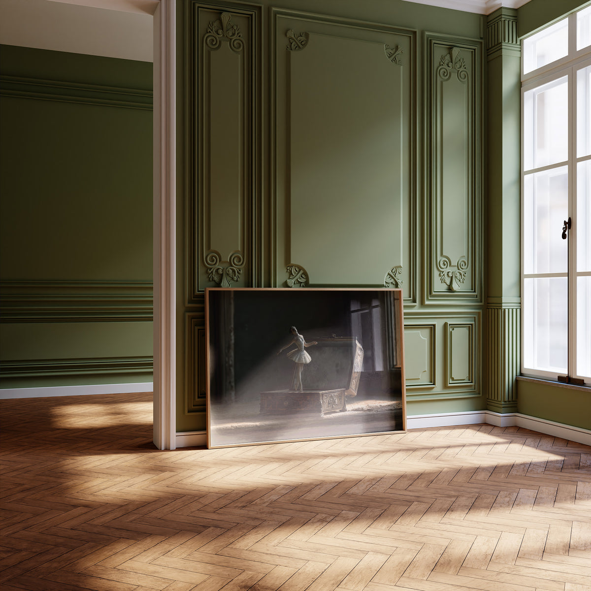 She Waits Before the First Note, a porcelain ballerina figurine poised on a carved music box in a dim room, painted in charcoal, slate and pale ivory, leaning on a herringbone floor in a green paneled room with tall windows