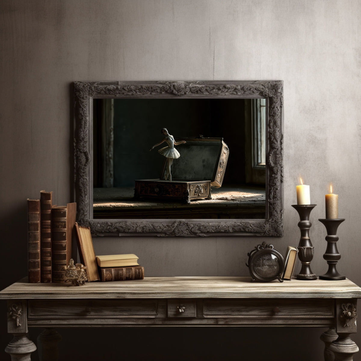 She Waits Before the First Note, a porcelain ballerina figurine poised on a carved music box in a dim room, painted in charcoal, slate and pale ivory, in a dark carved frame on a gray wall above a console table with candlesticks and old books