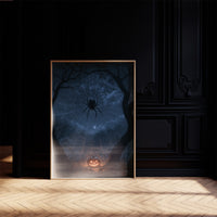 Silver Threads Over the Hollow, spider web glowing with silver threads over a blue night forest with a pumpkin lantern painting, on a black paneled wall with sunlit herringbone floor