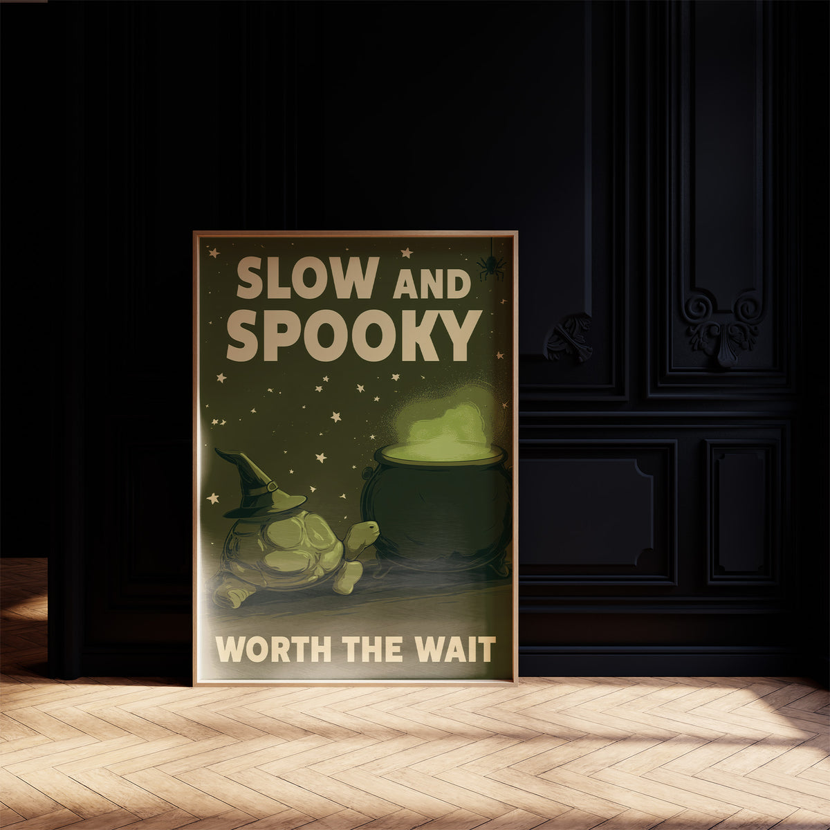 Slow and Spooky, Worth the Wait, a green cartoon creature in a witch hat beside a bubbling cauldron, bold cream lettering reading SLOW AND SPOOKY WORTH THE WAIT, on a black paneled wall with sunlit herringbone floor