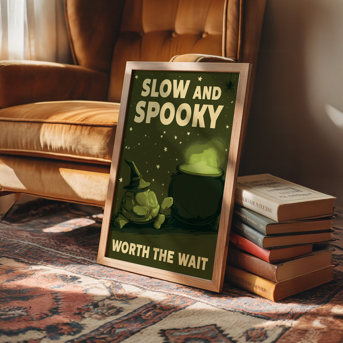 Slow and Spooky, Worth the Wait, a green cartoon creature in a witch hat beside a bubbling cauldron, bold cream lettering reading SLOW AND SPOOKY WORTH THE WAIT, in a wood frame beside a leather armchair and a stack of books