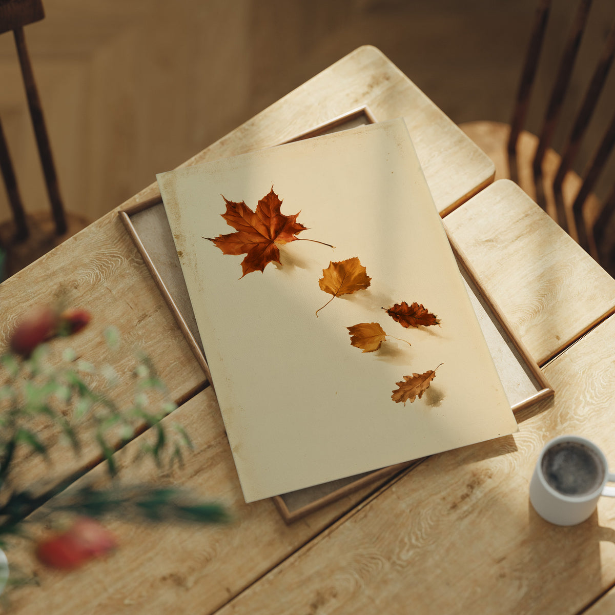 Slow Descent of the Maples, a trail of maple leaves in rust, amber and gold drifting diagonally across a warm beige ground, lying flat on a light wood table beside a coffee cup and red berries