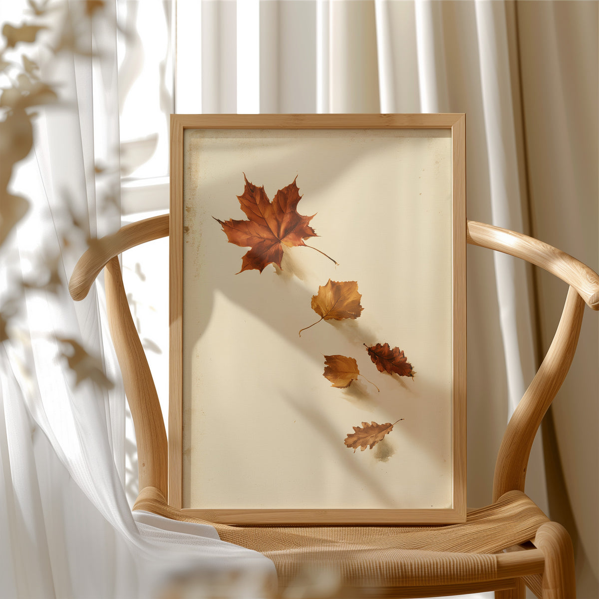 Slow Descent of the Maples, a trail of maple leaves in rust, amber and gold drifting diagonally across a warm beige ground, in a wood frame beside a wicker chair by a sunny window