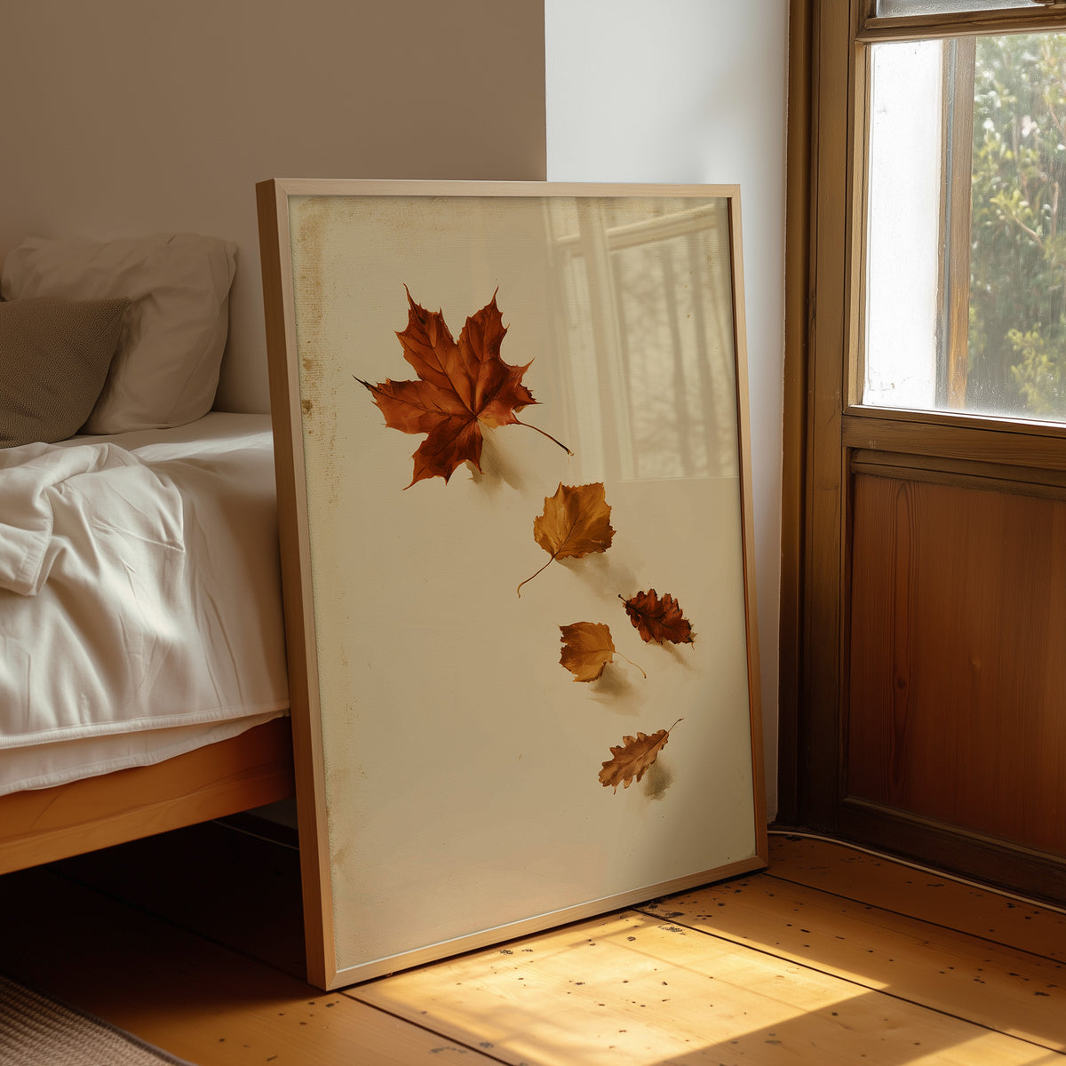 Slow Descent of the Maples, a trail of maple leaves in rust, amber and gold drifting diagonally across a warm beige ground, leaning on a wood floor in a bedroom beside white linen bedding