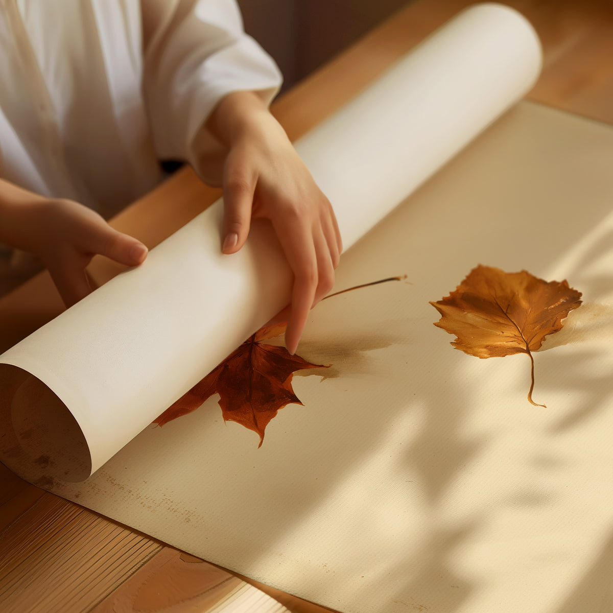 Slow Descent of the Maples, a trail of maple leaves in rust, amber and gold drifting diagonally across a warm beige ground, as a matte poster, unframed