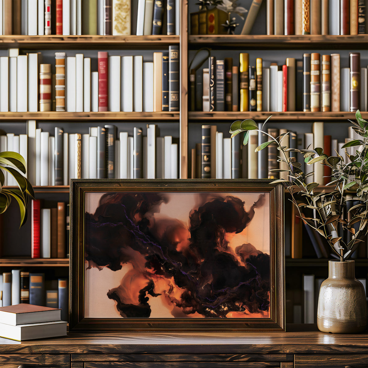 Smoke That Remembers the Fire, dark smoke curling over a peach and copper glow in an abstract study of heat and shadow, painted in charcoal, blush peach and burnt copper, in a wood frame on a bookshelf wall beside a vase of olive branches