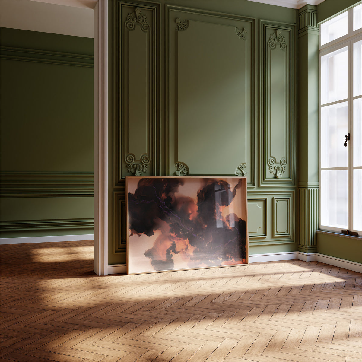 Smoke That Remembers the Fire, dark smoke curling over a peach and copper glow in an abstract study of heat and shadow, painted in charcoal, blush peach and burnt copper, leaning on a herringbone floor in a green paneled room with tall windows