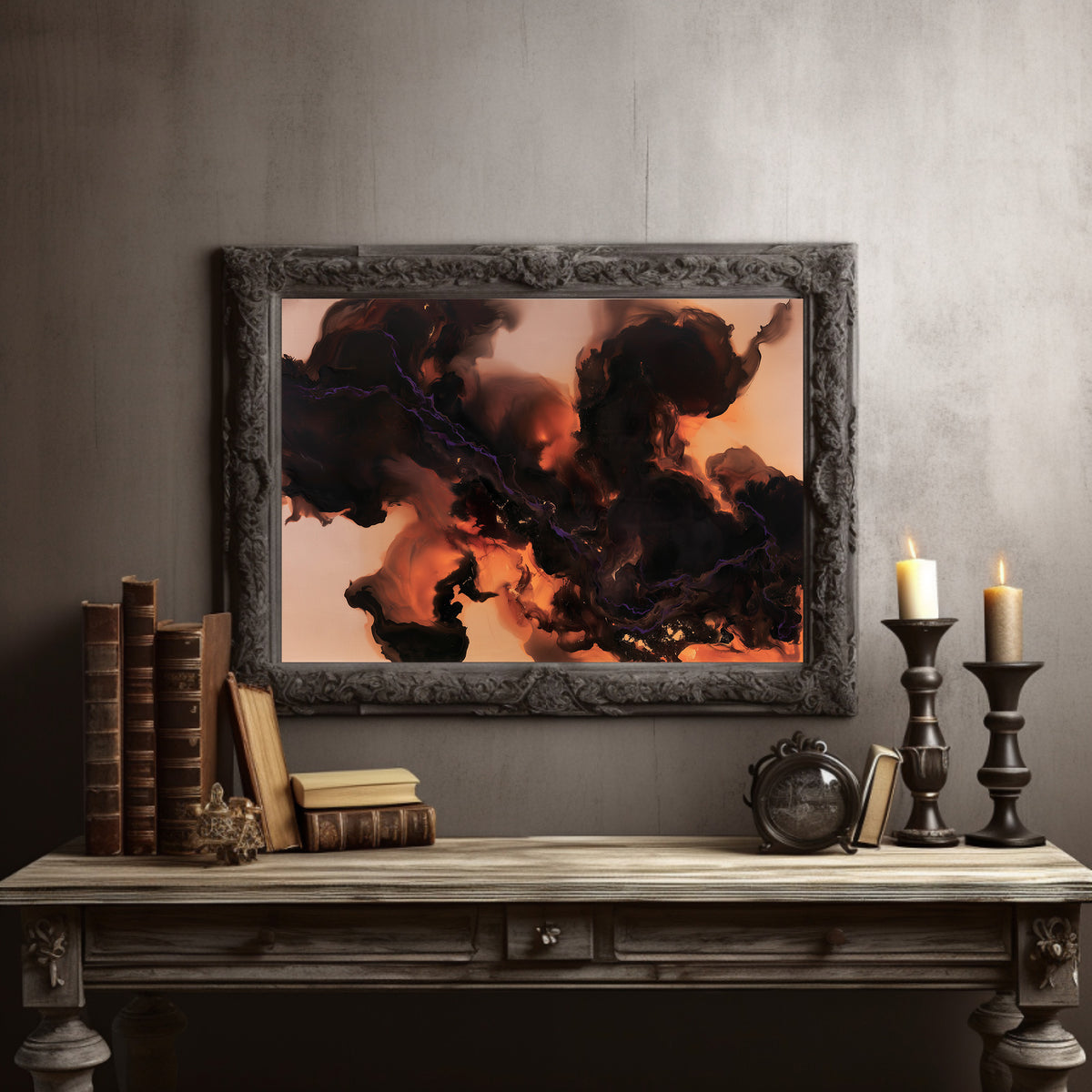 Smoke That Remembers the Fire, dark smoke curling over a peach and copper glow in an abstract study of heat and shadow, painted in charcoal, blush peach and burnt copper, in a dark carved frame on a gray wall above a console table with candlesticks and old books