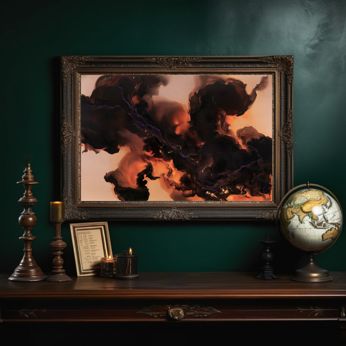 Smoke That Remembers the Fire, dark smoke curling over a peach and copper glow in an abstract study of heat and shadow, painted in charcoal, blush peach and burnt copper, in an ornate dark frame on a deep green wall above a mantel with a globe and candles