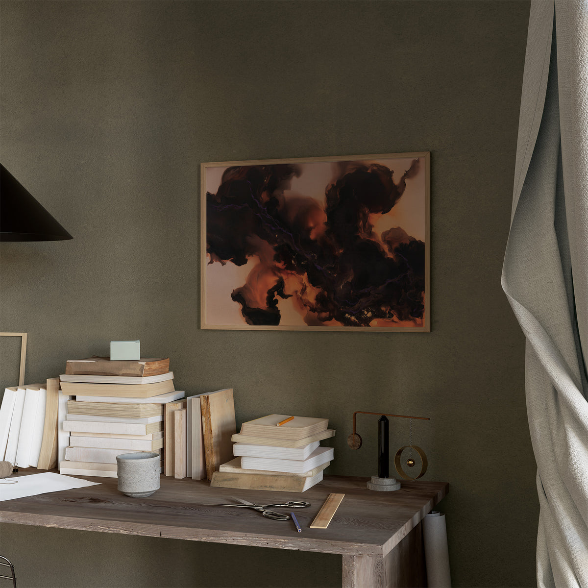 Smoke That Remembers the Fire, dark smoke curling over a peach and copper glow in an abstract study of heat and shadow, painted in charcoal, blush peach and burnt copper, in a thin wood frame on a moss green wall above a desk stacked with books