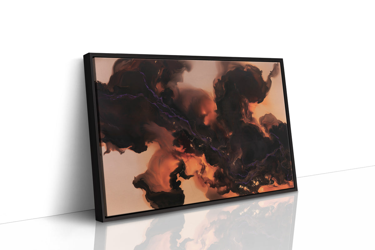 Smoke That Remembers the Fire, dark smoke curling over a peach and copper glow in an abstract study of heat and shadow, painted in charcoal, blush peach and burnt copper, as a framed canvas in a black frame