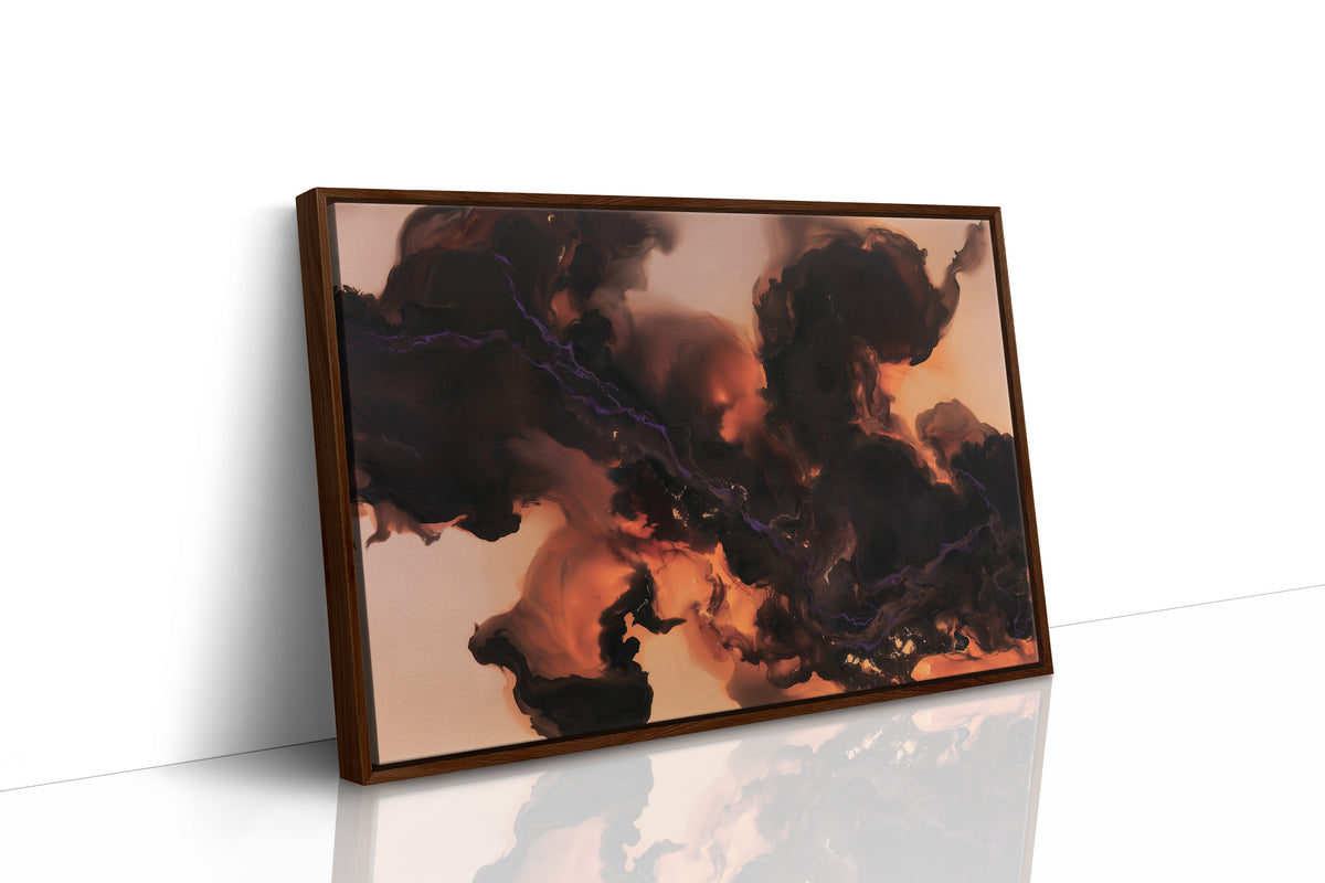 Smoke That Remembers the Fire, dark smoke curling over a peach and copper glow in an abstract study of heat and shadow, painted in charcoal, blush peach and burnt copper, as a framed canvas in a brown frame