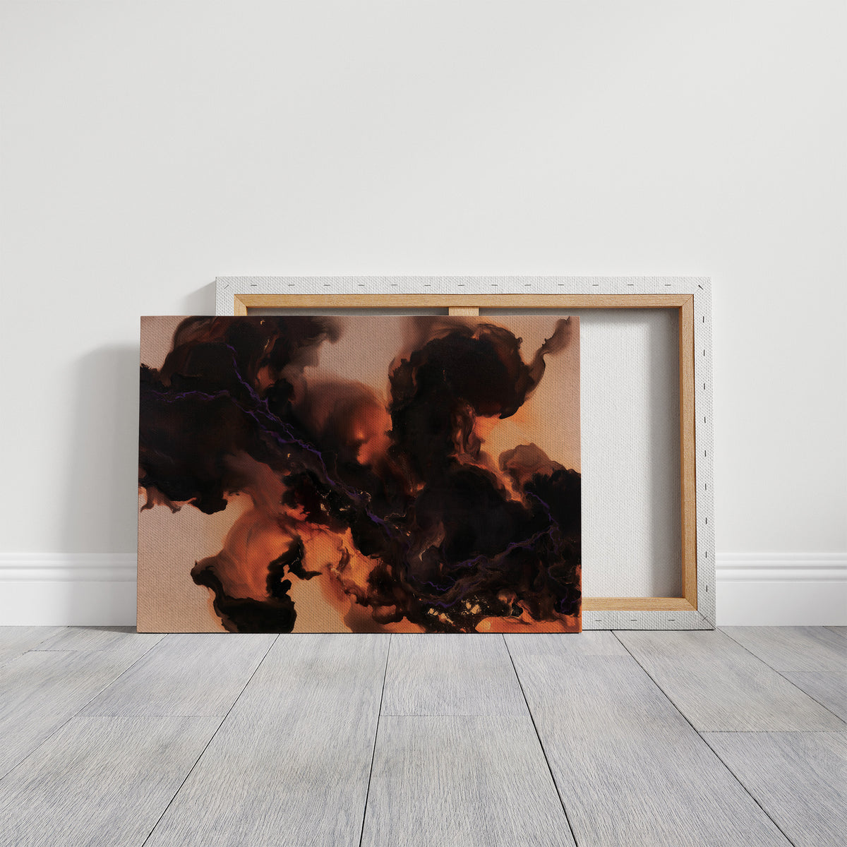 Smoke That Remembers the Fire, dark smoke curling over a peach and copper glow in an abstract study of heat and shadow, painted in charcoal, blush peach and burnt copper, on a gallery canvas with wrapped edges leaning against a white wall