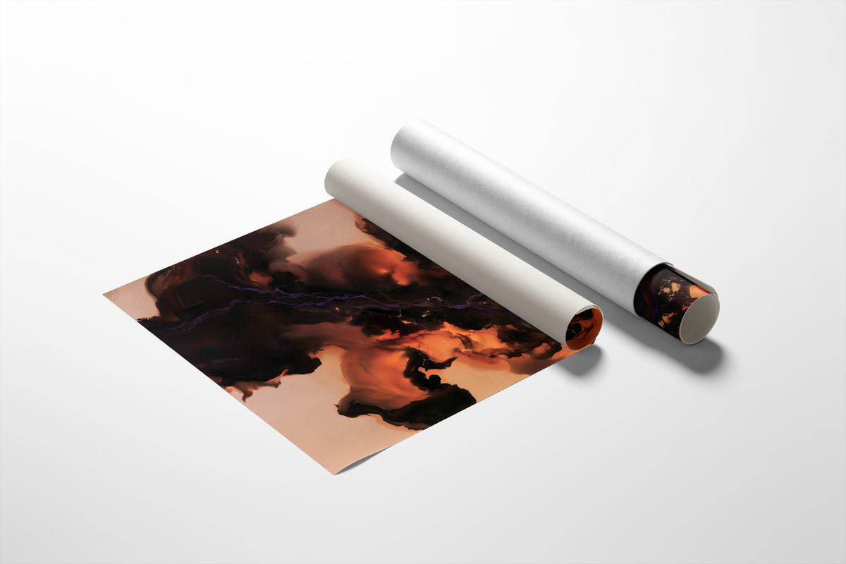 Smoke That Remembers the Fire, dark smoke curling over a peach and copper glow in an abstract study of heat and shadow, painted in charcoal, blush peach and burnt copper, as a matte poster, unframed