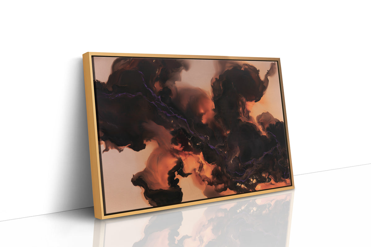 Smoke That Remembers the Fire, dark smoke curling over a peach and copper glow in an abstract study of heat and shadow, painted in charcoal, blush peach and burnt copper, as a framed canvas in a natural wood frame
