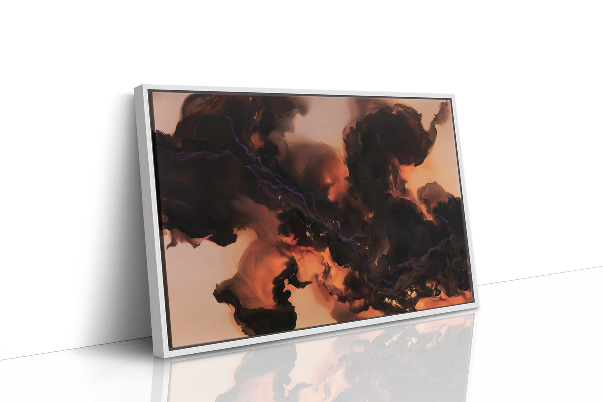 Smoke That Remembers the Fire, dark smoke curling over a peach and copper glow in an abstract study of heat and shadow, painted in charcoal, blush peach and burnt copper, as a framed canvas in a white frame