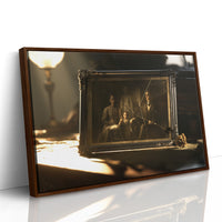 Someone Kept the Lamp Lit, candlelit interior with figures around a table and a golden lamp glow painting, as a framed canvas in a brown frame