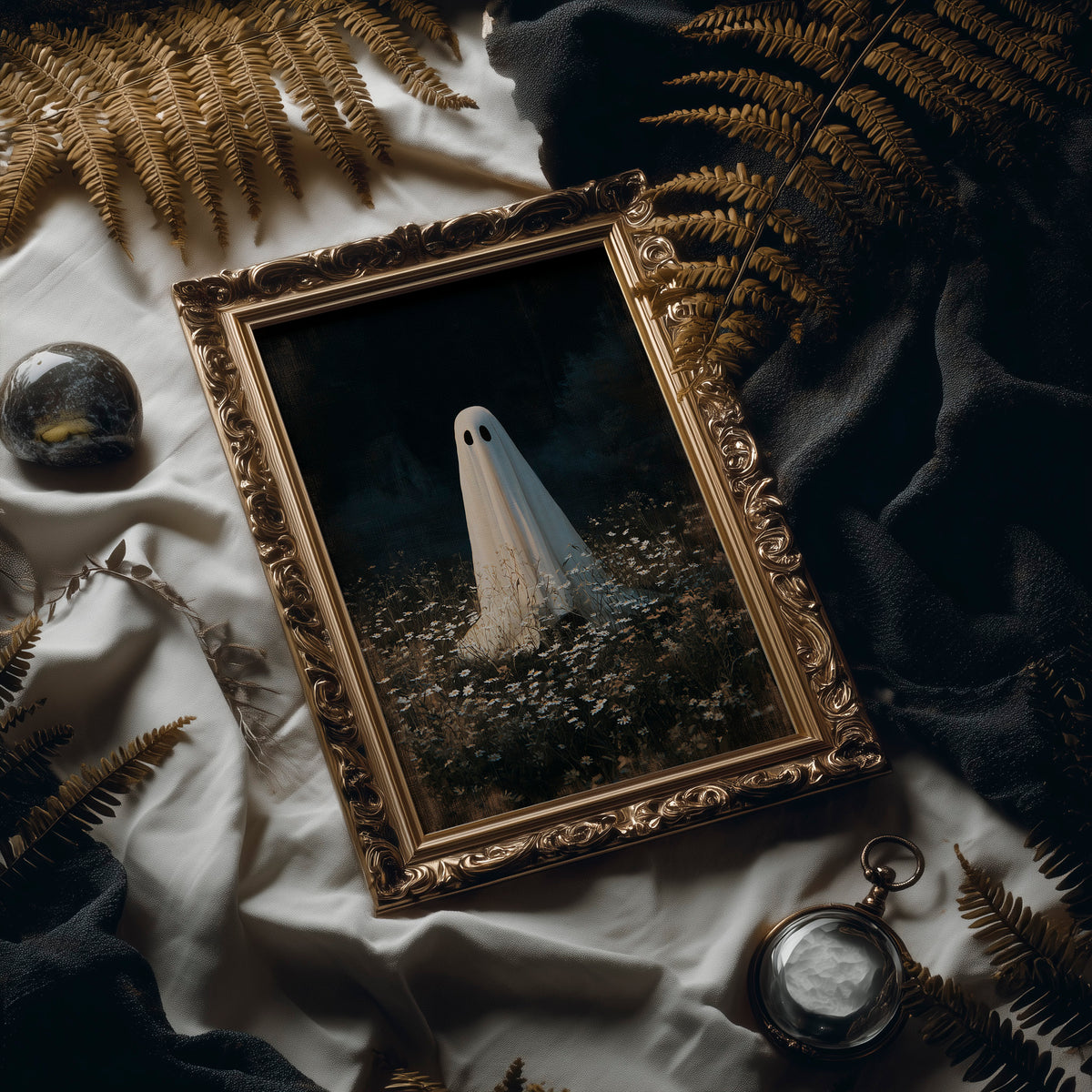 Someone Stayed Behind in the Meadow, a small white ghost standing in a dark field of pale wildflowers beneath a black woodland, painted in deep green, charcoal and bone, in an ornate frame on silk cloth beside ferns and a brass compass