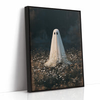 Someone Stayed Behind in the Meadow, a small white ghost standing in a dark field of pale wildflowers beneath a black woodland, painted in deep green, charcoal and bone, as a framed canvas in a black frame