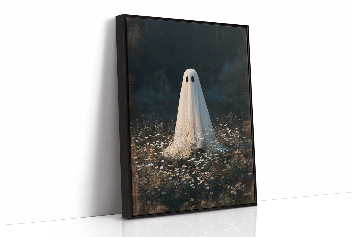 Someone Stayed Behind in the Meadow, a small white ghost standing in a dark field of pale wildflowers beneath a black woodland, painted in deep green, charcoal and bone, as a framed canvas in a black frame
