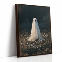 Someone Stayed Behind in the Meadow, a small white ghost standing in a dark field of pale wildflowers beneath a black woodland, painted in deep green, charcoal and bone, as a framed canvas in a brown frame
