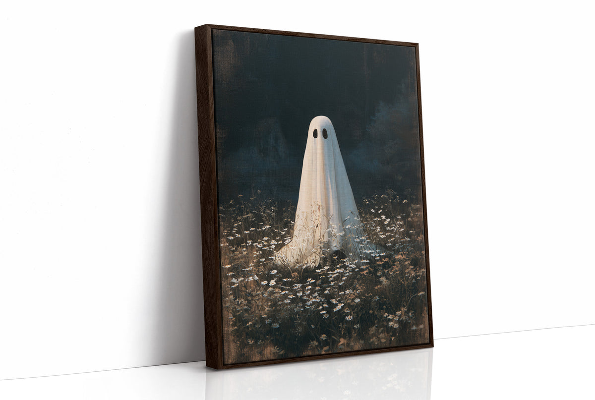 Someone Stayed Behind in the Meadow, a small white ghost standing in a dark field of pale wildflowers beneath a black woodland, painted in deep green, charcoal and bone, as a framed canvas in a brown frame