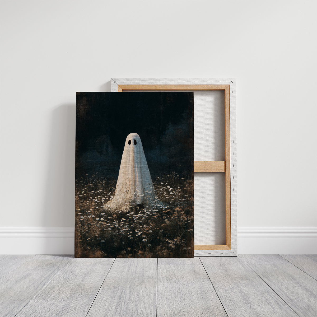 Someone Stayed Behind in the Meadow, a small white ghost standing in a dark field of pale wildflowers beneath a black woodland, painted in deep green, charcoal and bone, on a gallery canvas with wrapped edges leaning against a white wall