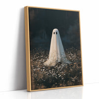 Someone Stayed Behind in the Meadow, a small white ghost standing in a dark field of pale wildflowers beneath a black woodland, painted in deep green, charcoal and bone, as a framed canvas in a natural wood frame