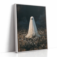 Someone Stayed Behind in the Meadow, a small white ghost standing in a dark field of pale wildflowers beneath a black woodland, painted in deep green, charcoal and bone, as a framed canvas in a white frame