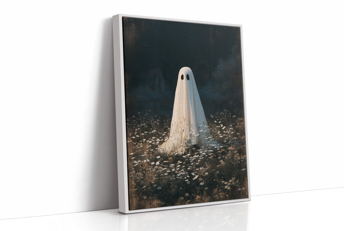 Someone Stayed Behind in the Meadow, a small white ghost standing in a dark field of pale wildflowers beneath a black woodland, painted in deep green, charcoal and bone, as a framed canvas in a white frame