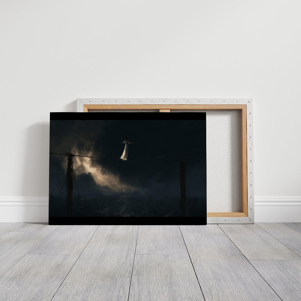 Something Pale Rises Through the Fog, pale glowing shape rising above a dark misty field with a post silhouette painting, on a gallery canvas with wrapped edges leaning against a white wall