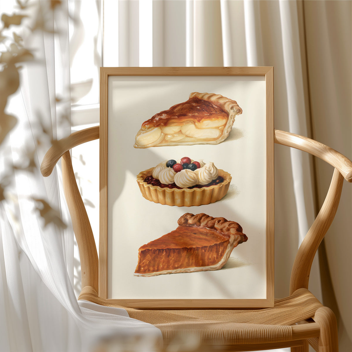 Something Sweet Keeps for Later, a still life of a cream plate holding a pie slice, a berry tart and a second pie slice, painted in caramel, cream and berry red, in a wood frame beside a wicker chair by a sunny window