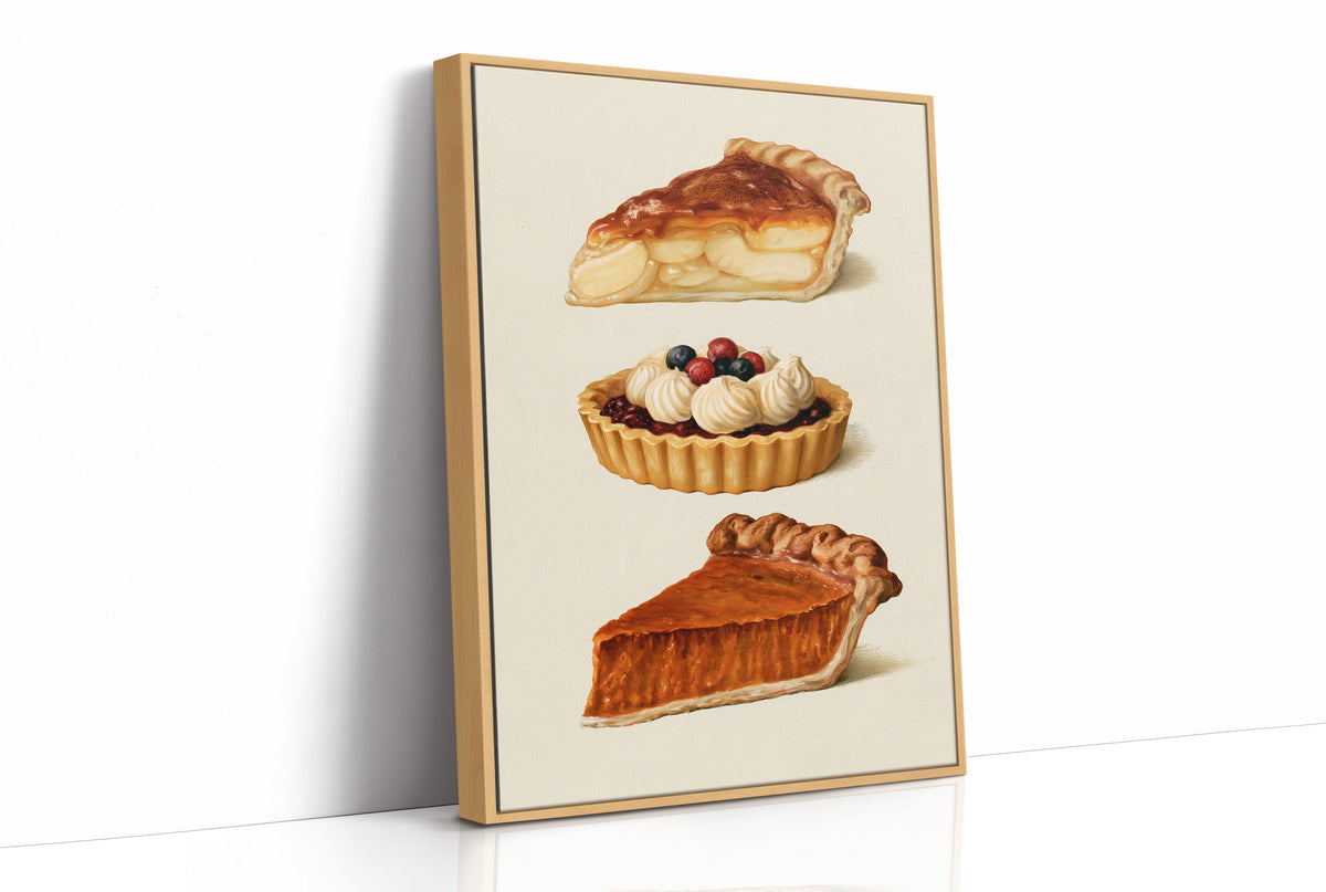Something Sweet Keeps for Later, a still life of a cream plate holding a pie slice, a berry tart and a second pie slice, painted in caramel, cream and berry red, as a framed canvas in a natural wood frame