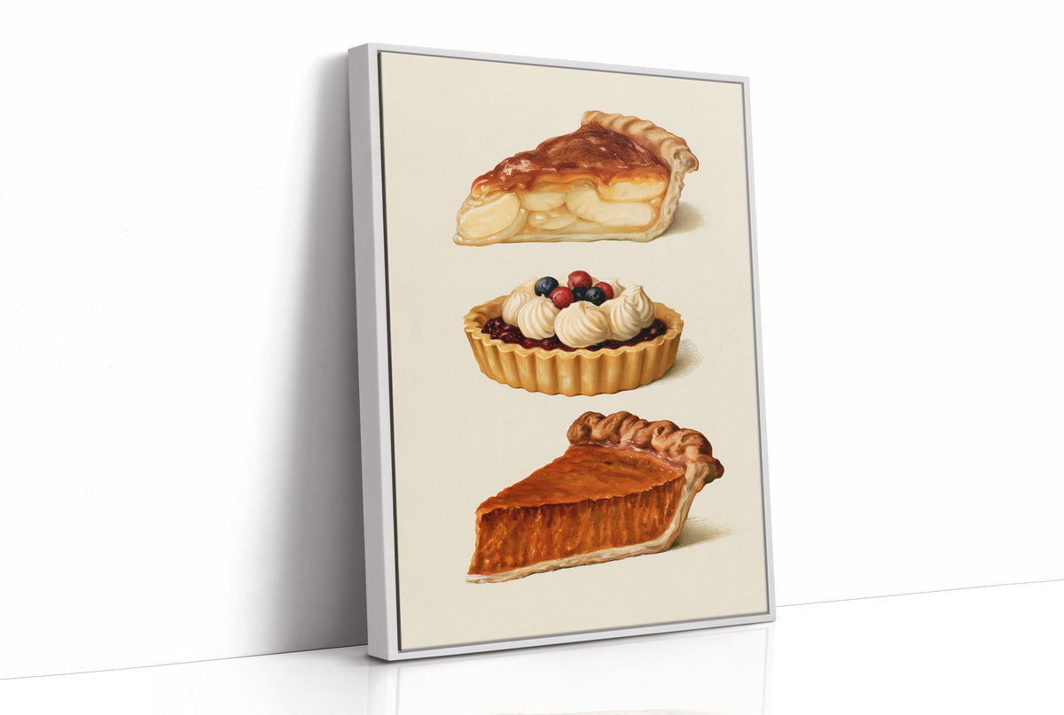 Something Sweet Keeps for Later, a still life of a cream plate holding a pie slice, a berry tart and a second pie slice, painted in caramel, cream and berry red, as a framed canvas in a white frame