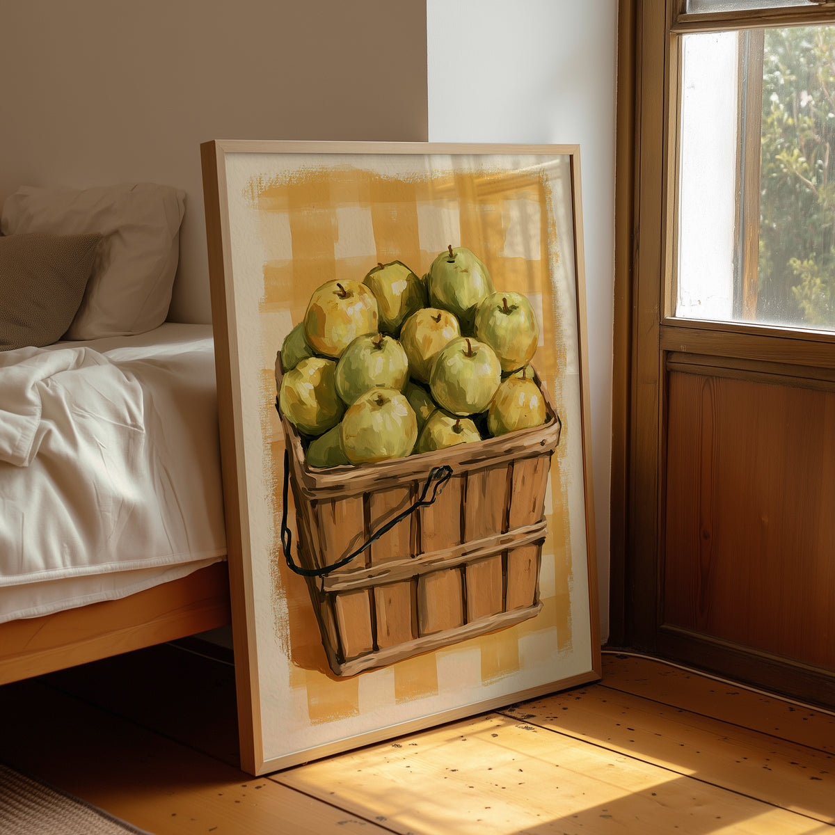 Something Sweet Waits in the Basket, a basket heaped with pale green pears on a soft yellow gingham ground, painted in lemon, sage and warm tan, leaning on a wood floor in a bedroom beside white linen bedding