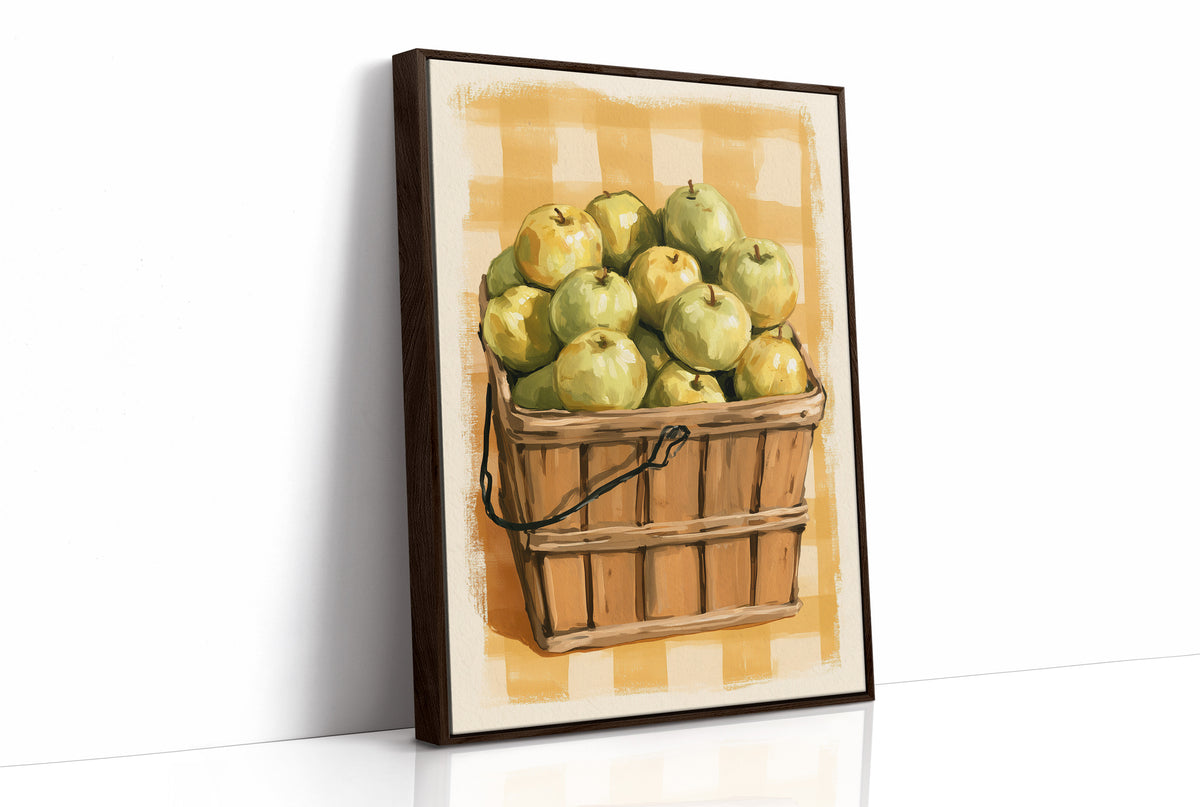 Something Sweet Waits in the Basket, a basket heaped with pale green pears on a soft yellow gingham ground, painted in lemon, sage and warm tan, as a framed canvas in a brown frame