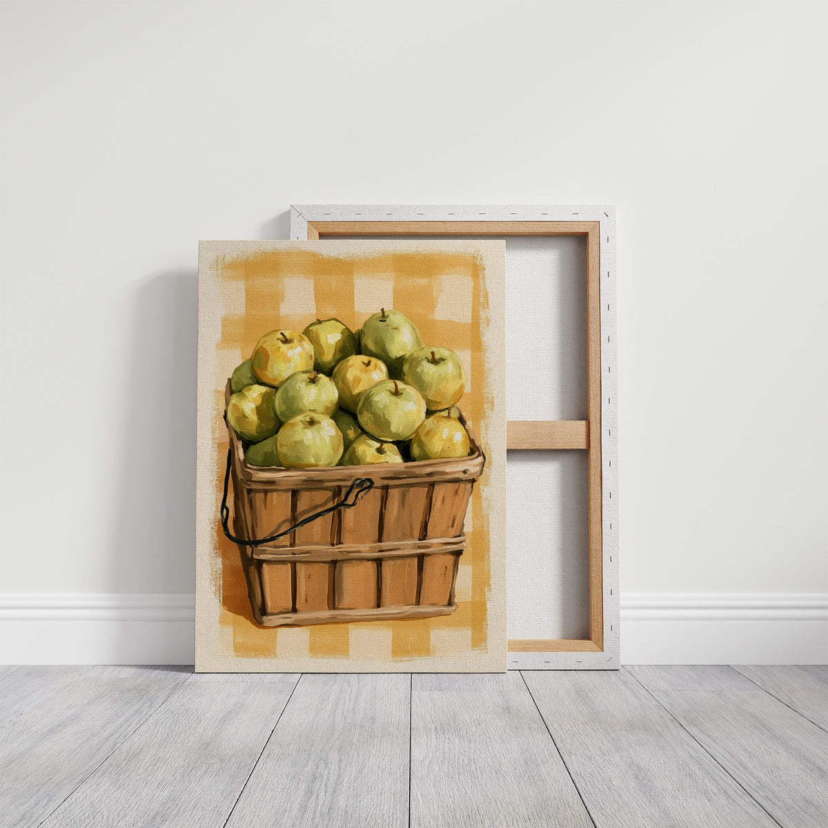 Something Sweet Waits in the Basket, a basket heaped with pale green pears on a soft yellow gingham ground, painted in lemon, sage and warm tan, on a gallery canvas with wrapped edges leaning against a white wall